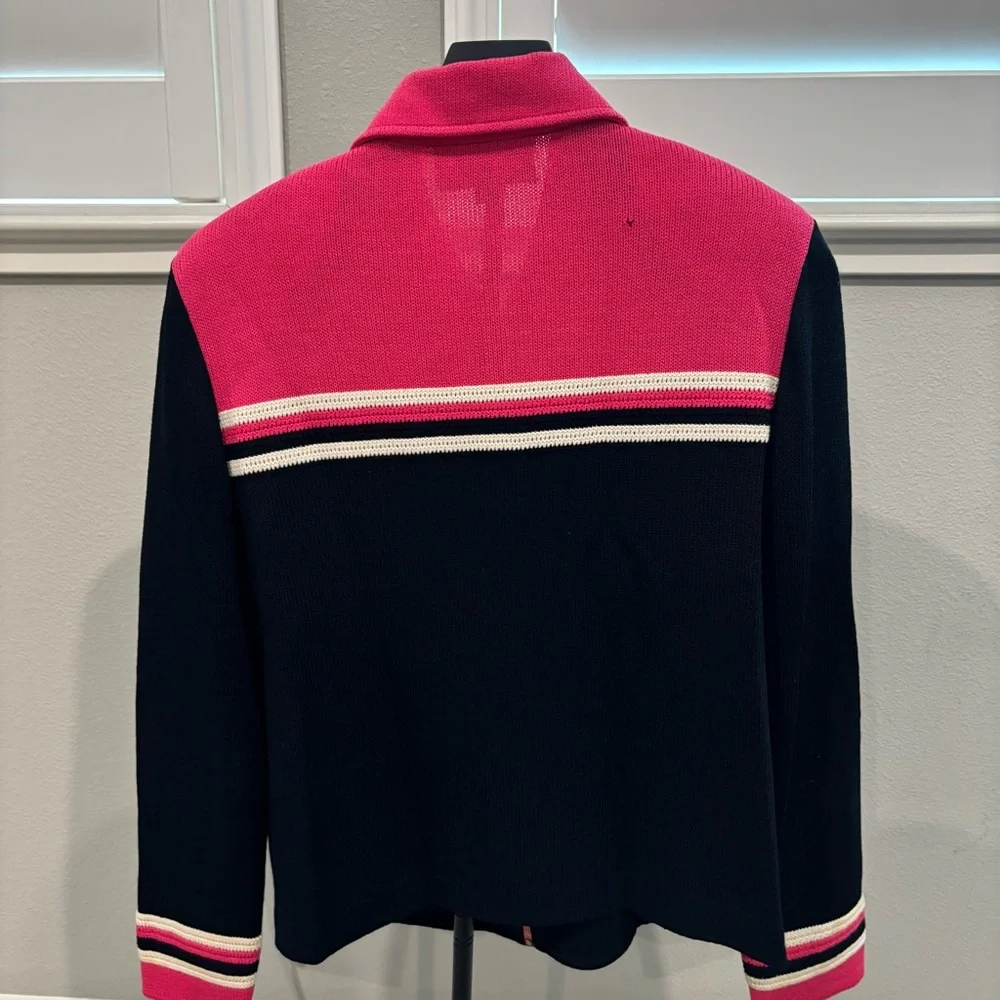 ST JOHN Sport Women's Blazer Black-Blue Pink White Striped With Zipper Size M - Picture 6 of 7